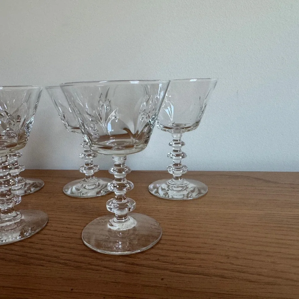 Set‎ of 5 Vintage Etched Crystal Cordial Glasses Fluted Stemware